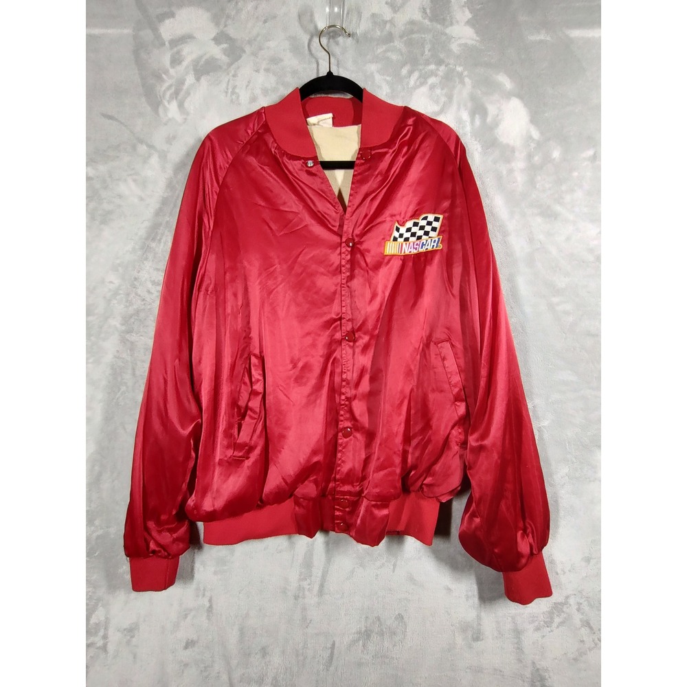 Vintage NASCAR Red Satin Bomber Jacket Mens XL Checkered Flag Logo Snap USA
